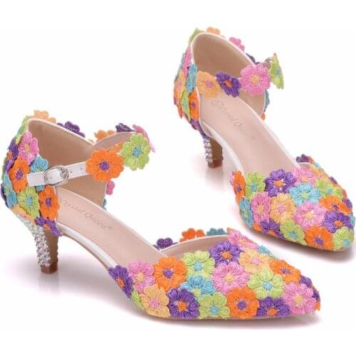 Crystal Queen 5cm Multicolour Lace Wedding Shoes Women PumpsThin Platform Wedding Shoes Party Heel Sandals Mary Jane Shoes