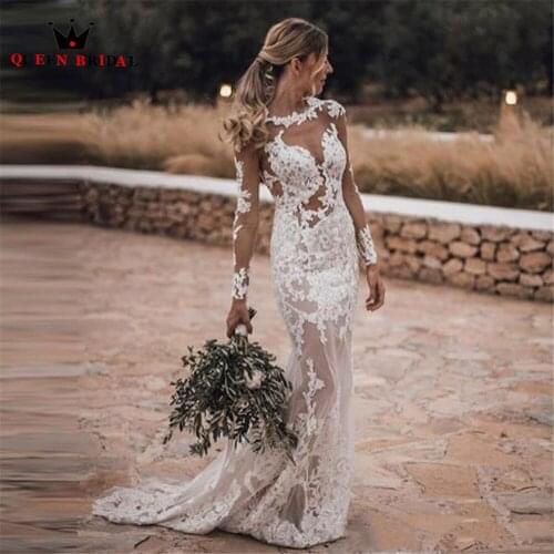 Sexy Wedding Dresses Mermaid Long Sleeve See Through Tulle Lace Flowers Formal Bride Dress Custom Made DE35