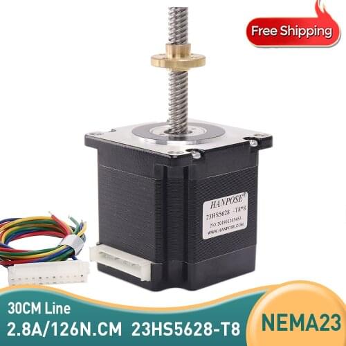 Free shipping Nema23 screw Stepper Motor 165 Oz-in 56mm 2.8A 126N.CM 23HS5628-T8X8 L310 2/4/8 lead screw CNC Laser Grind Foam
