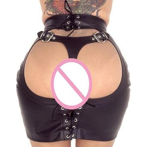 Top Quality Sexy Leather Skirt Open Butt Hollow Out Lace Up With Ribbon Erotic Underwear Costumes For Women Clubwear Apparel