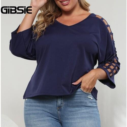 GIBSIE Plus Size V Neck Solid T Shirt Women Autumn New Big Size Tee Shirt Women Hollow out 3/4 Sleeve Casual T-shirt Tops 2021