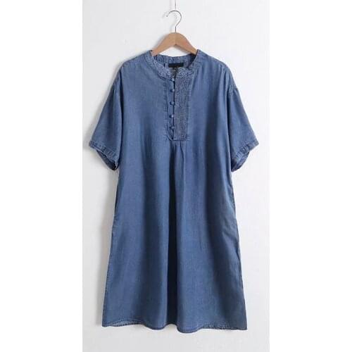 Summer Embroidery Denim Dress Women O Neck Short Sleeves Straight Mini Blue Jeans Dress Casual tunic Dress vestido