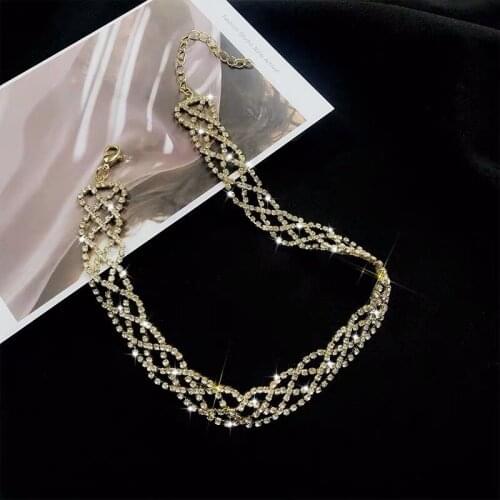 Hot Sale Fshion Korean Luxury Full Rhinestone Choker Women Pendant Necklace Chain Chunky Statement Bib Pendant Chain Necklace