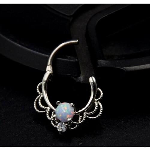 1pcs Titanium Shaft Lacey Opal Hinged Septum Clickers 16G Pierced Round Nose Rings Piercing Septo Daith Rook Body Jewelry 16g