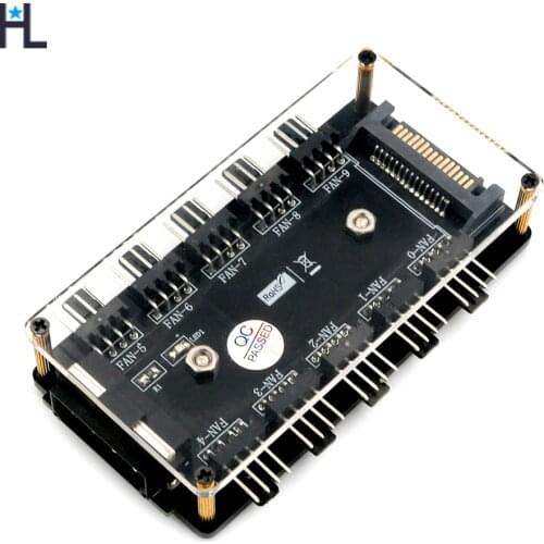 10 way Fan Splitter Hub with PMMA Case and Magnetic standoff (Power from One 4-Pin Molex or SATA 15-Pin connector)