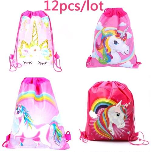 12pcs/lot Girls Favors Backpack Birthday Party Unicorn Theme Mochila Baby Shower Decorate Drawstring Gifts Loot Candy Bags