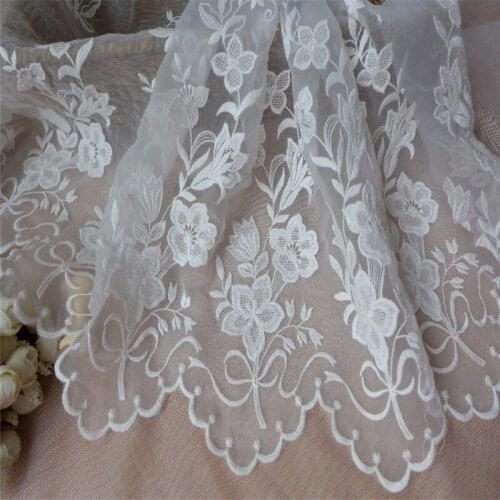3 Yards Luxurious Cotton Fabric Ivory White Embroidery Floral Tulle Lace Trim Bridal Dress Lace Material 16.5" Wide