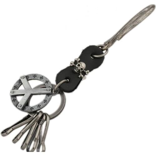 Punk Rock Gothic Skull Keychain Metal Peace Cross Pendant Black Leather Keyring Car Key Pants Accessories Cowboy Fashion Jewelry