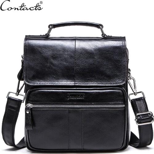 CONTACTS Genuine Leather Men Messenger Bags With Zipper Pocket High Quality Shoulder Bag Soft Crossbody Bags For 9.7inch iPad