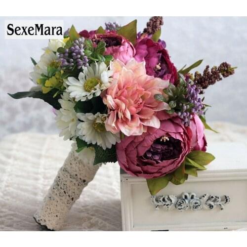 SexeMara Purple Bride Wedding Bouquet Silk Flowers with Ribbon Handmade Bridal Bouquets Ramos