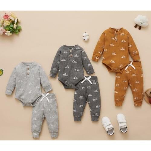 Toddler Kids Baby Girls Boys Cotton Sets Autumn Clothes Sun Print Long Sleeve Romper+Pants Solid Outfits Active Baby Tracksuits