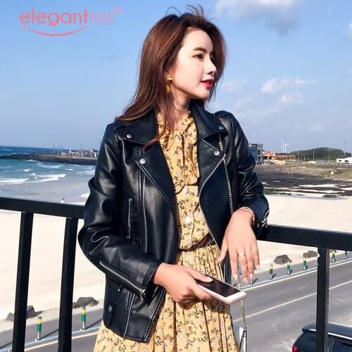Aelegantmis Women Autumn Winter Black Soft Faux Leather Jacket Classic Black Pu Leather Moto Biker Jacket Lady Zipper Basic Coat