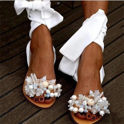 Siddons Runway Fashion Women Sandals 2020 Flats Pearls Studs Lace Up Ladies Casual Beach Shoes Woman Elegant Party Roman Sandals