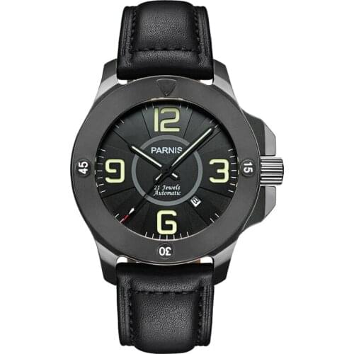 Parnis Commander Seriers Luminous Mens Sapphire Glass Leather Watchband Military Sport Automatic Mechanical Watch Wristwatch