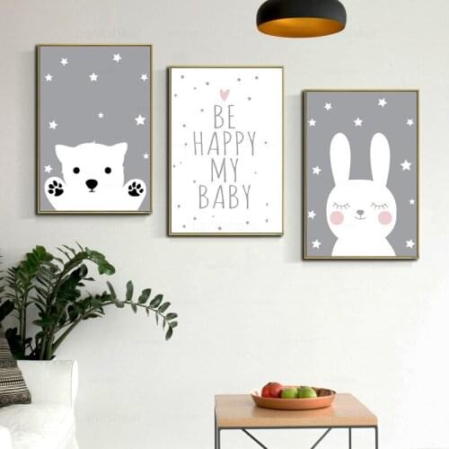 Baby Nursery Wall Art Canvas Poster Print Nordic Kids Decoration Picture Children Bedroom Decor Cartoon Rabbit Bear Painting Art