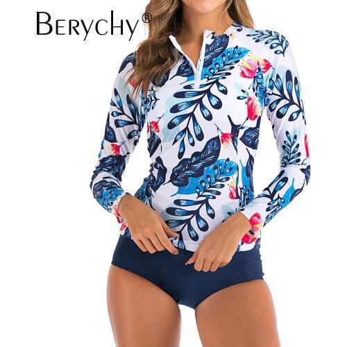 New Surfing Two Piece Swimsuits Long Sleeve Floral Printed Zipper Tankini Set Plus Size Bathing Suit 2020 Bikini Beachwear