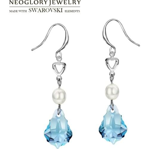 Neoglory Austria Crystal & Freshwater Pearl Long Dangle Earrings Geometric Elegant Stylish For Women Party Classic