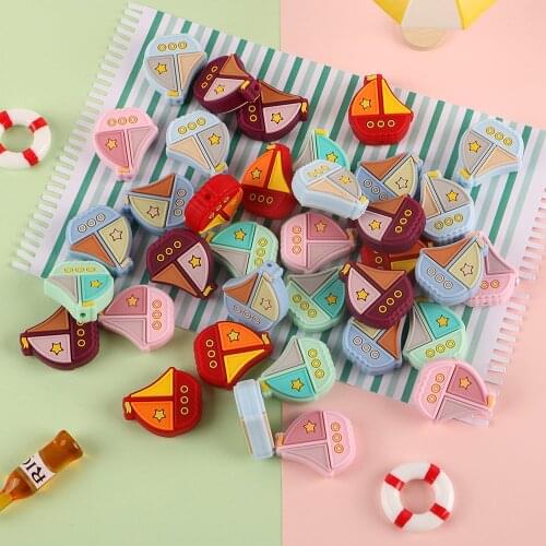 Sunrony 10pcs Cartoon Silicone Sailboat Beads Baby Teeth Care Teether Pacifier Chain Teething Ring Toy Gift BPA Free