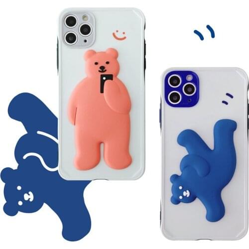 TPU Case For iPhone 11 12 Pro X XS MAX XR 7P 8P Mobile Phone Case 3D Cute Teddy Bear Couple Model Silicone Blue Pink Phone Cover