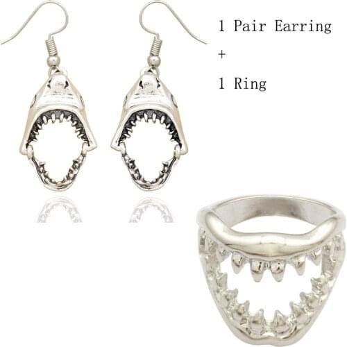 Shark Tooth Drop Dangle Earrings Finger Ring Jewelry Set For Women Photography Hook Skeleton Art Deco Steampunk Costume Party