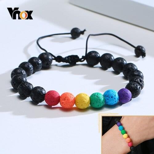 Vnox Adjustable Rainbow Lava Stone Bracelets for Men Women,Black Beads Bracelet,Casual Vintage Balance Jewelry