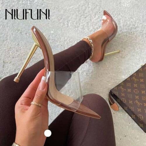 Pointed Transparent PVC Stiletto Outdoor Slides SlipOn Womens Slippers Shoes Metal Plating Heels Peep Toe Summer Sexy Simple