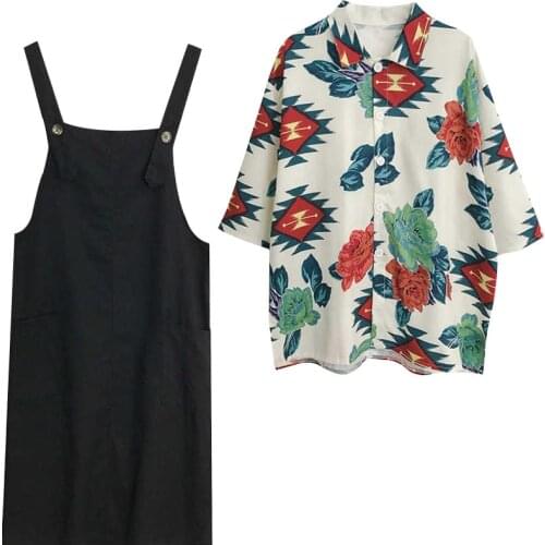 2021 Spring Women 2 Piece Set Outfit Long Sleeve Floral Print Loose Blouse+Solid Cotton Strap Dress Casual Stylish Summer Suits