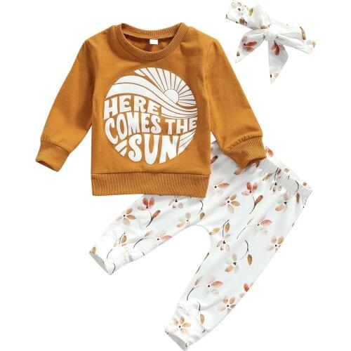 0-24M Newborn Baby Girls 3Pcs Clothes Set Letter Print Long Sleeve O-Neck Pullover + Floral Long Pants + Headband Autumn Outfits