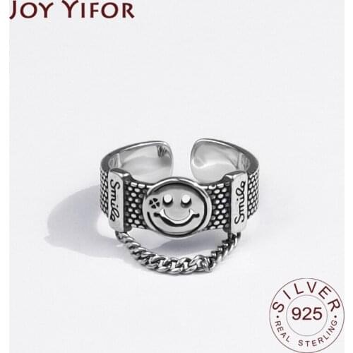 925 Sterling Silver Rings for Women Smile Face Chain Vintage Wedding Trendy Jewelry Large Adjustable Antique Rings Anillos