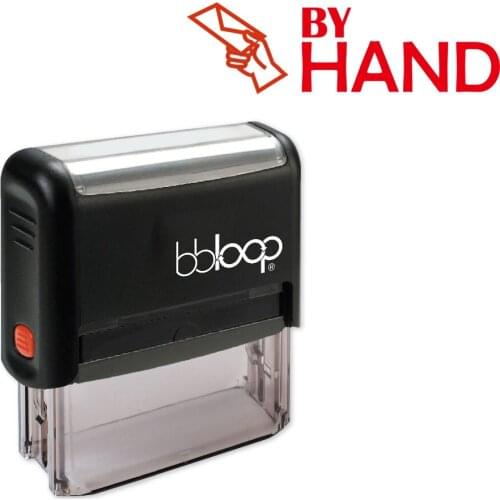 BBloop "BY HAND" W/Letter Illustration Self-Inking Stamp, Rectangular, Laser Engraved, RED