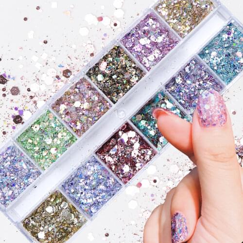12 Grids Mermaid Hexagon Nail Glitter Powder Holographic 3D Sparkly Paillette Flakes Shining Charm Art Sequins BEDJ01-12-2