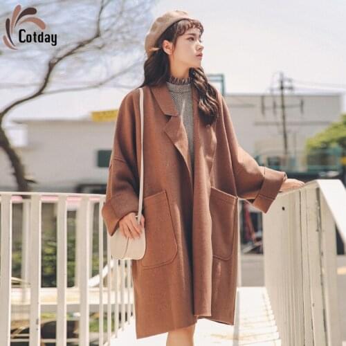 Cotday Turn Down Collar Office Style Lady Autumn New Long Khaki Color Cardigan With Bat Sleeves Women Woolen Blend Coat