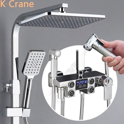 Chrome Shower Set Bathroom Thermostatic Digital Shower System Wall Mount Hot Cold Mixer Bath Faucet Square Head SPA Rain Grifo