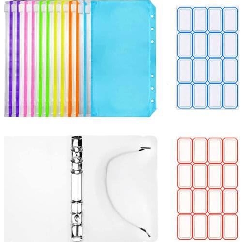 15 Pieces A6 Clear PVC 6-Ring Binder Cash Envelopes for Budgeting with 12Pcs Colorful Zipper Pockets,2 Self-adhesive Label