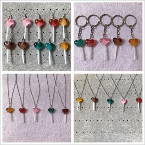 Fashion food candy heart lollipop necklace/earrings/keychain jewelry set for women & girl birthday gifts ornament trinket bijoux