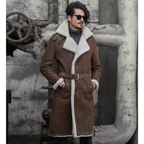 Military Style Mens Shearling Coat Luxury X-Long Mens Fur Parka Imports Wool From Australia Sheepskin Jacket Brown