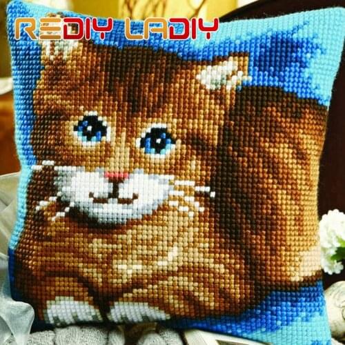 Cross Stitch Cushion Cover Cat In Spring Sofa Pillows DIY Chunky Cross-Stitch Kits 100% Acrylic Yarn Pillow Case Hobby & Crafts