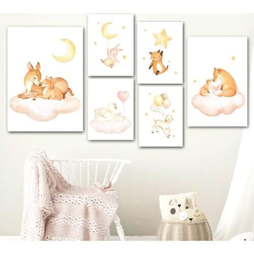 Deer Fox Moon Star Cloud Balloon Nursery Gift Wall Art Canvas Painting Nordic Posters And Prints Wall Pictures Kids Room Decor