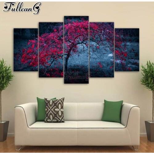 FULLCANG Red tree landscape 5 piece diy diamond painting large full square round drill mosaic embroidery multi-picture FG0196