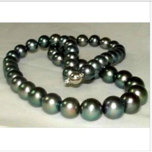 Stunning 10-11mm perfect round tahitian black pearl necklace 18inch 925silver GOLD