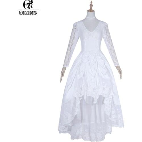 ROLECOS Gothic Women Lolita Dress Medieval Renaissance White Lace Dress Victorian Long Dress Vintage Princess Costume