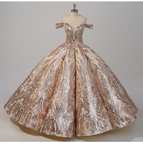 Dubai Rosa Gold Luxury Wedding Dresses 2020 Sequined Lace Off Shoulder Bridal Gowns Vestido de novia Custom Size