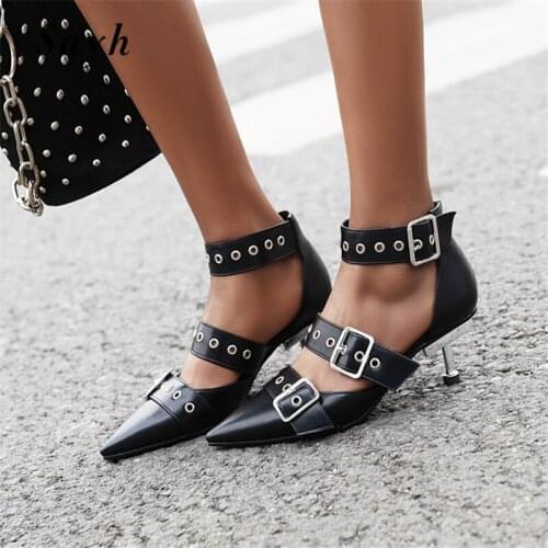 Rock Punk Mid Heels Women Pointy Toe Pumps Sandals Shoes Ankle Strap Buckle Black Casual Stilettos
