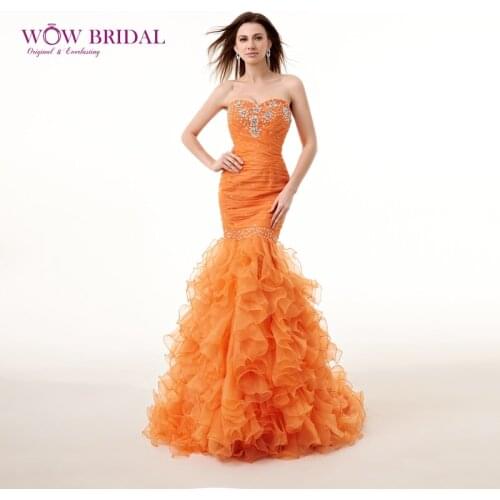Wowbridal Graceful Orange Prom Dress 2021 Sweetheart Off the Shoulder Crystal Pattern Beaded Organza Tiered Ruffles Mermaid Gown