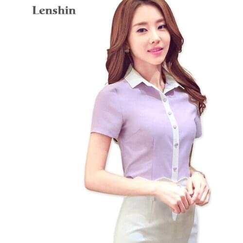 Lenshin Cotton Shirt Casual Style New Fashion Short Sleeve Blouse Contrast Collar Tops Women Summer Wear
