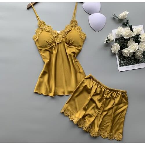 Silky Nightwear Satin Women Strap Top&Shorts 2PCS Sleep Set Lace Pyjamas Intimate Lingerie Pajamas Suit Home Clothes Bathrobe