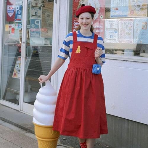 Casual Preppy Style Youth Loose Sundress For Women Summer Autumn New Ladies Cotton Red Strap Dress Mid-calf Length