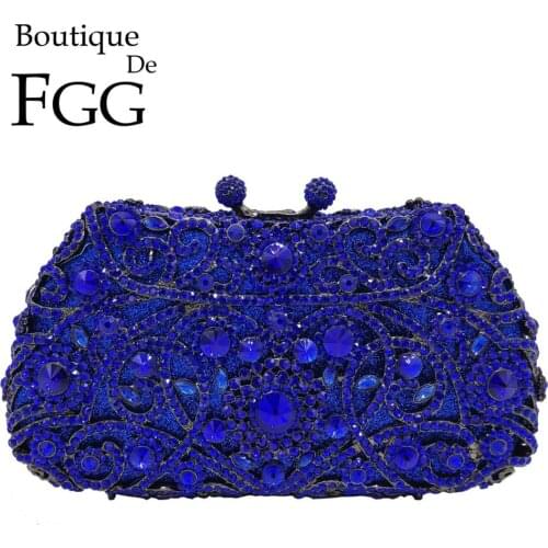 Boutique De FGG Royal Blue Women Flower Evening Purses and Handbags Hollow Out Wedding Floral Clutch Bags Bridal Diamond Bag