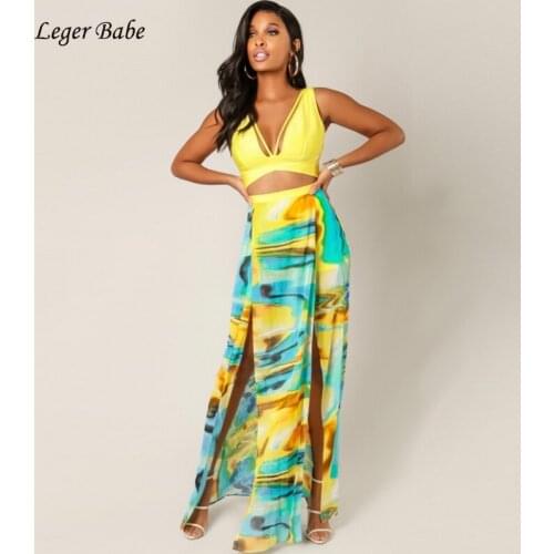 Leger Babe HL Long Mesh Print Women Bandage Dress Chic V Neck Hollow Out Sleeveless High Split Celebrity Outfit Runway Wholesale