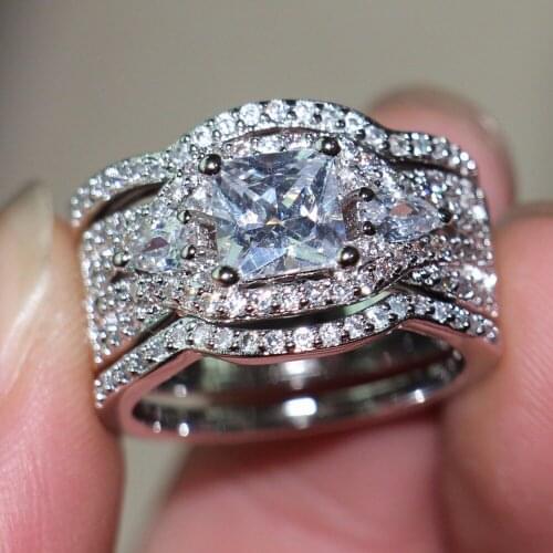 3PCS Stunning Fashion Jewelry 14KT White Gold Filled Princess Cut 5A Zirconia CZ 3 IN 1 Party Enternity Wedding Band Finger Ring